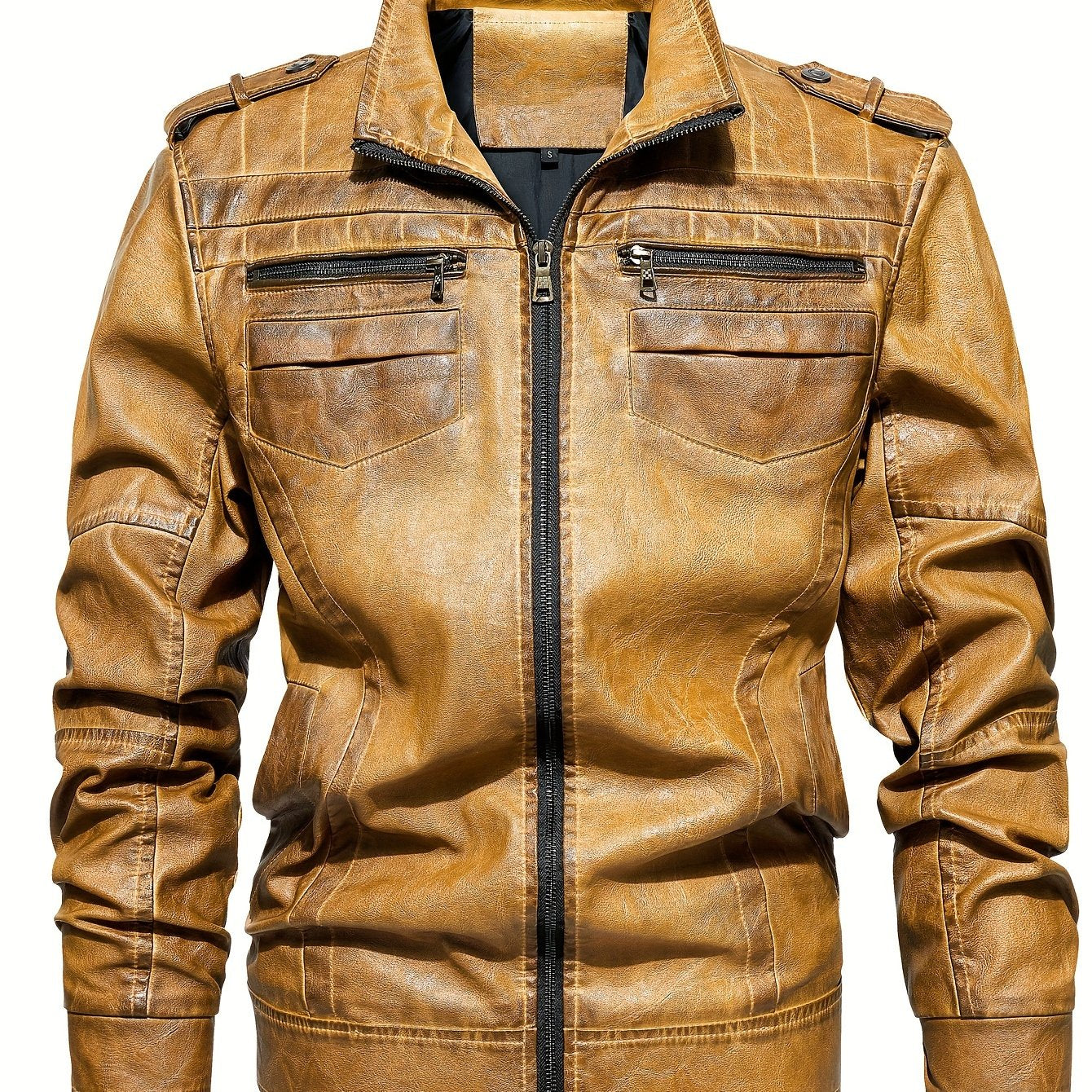 Men's Stand Collar PU Leather Jacket Retro Windproof Warm Jacket
