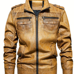 Men's Stand Collar PU Leather Jacket Retro Windproof Warm Jacket