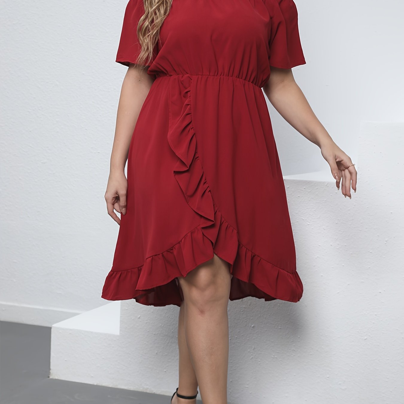 Off Shoulder Ruffle Trim Midi Dress Plus Size