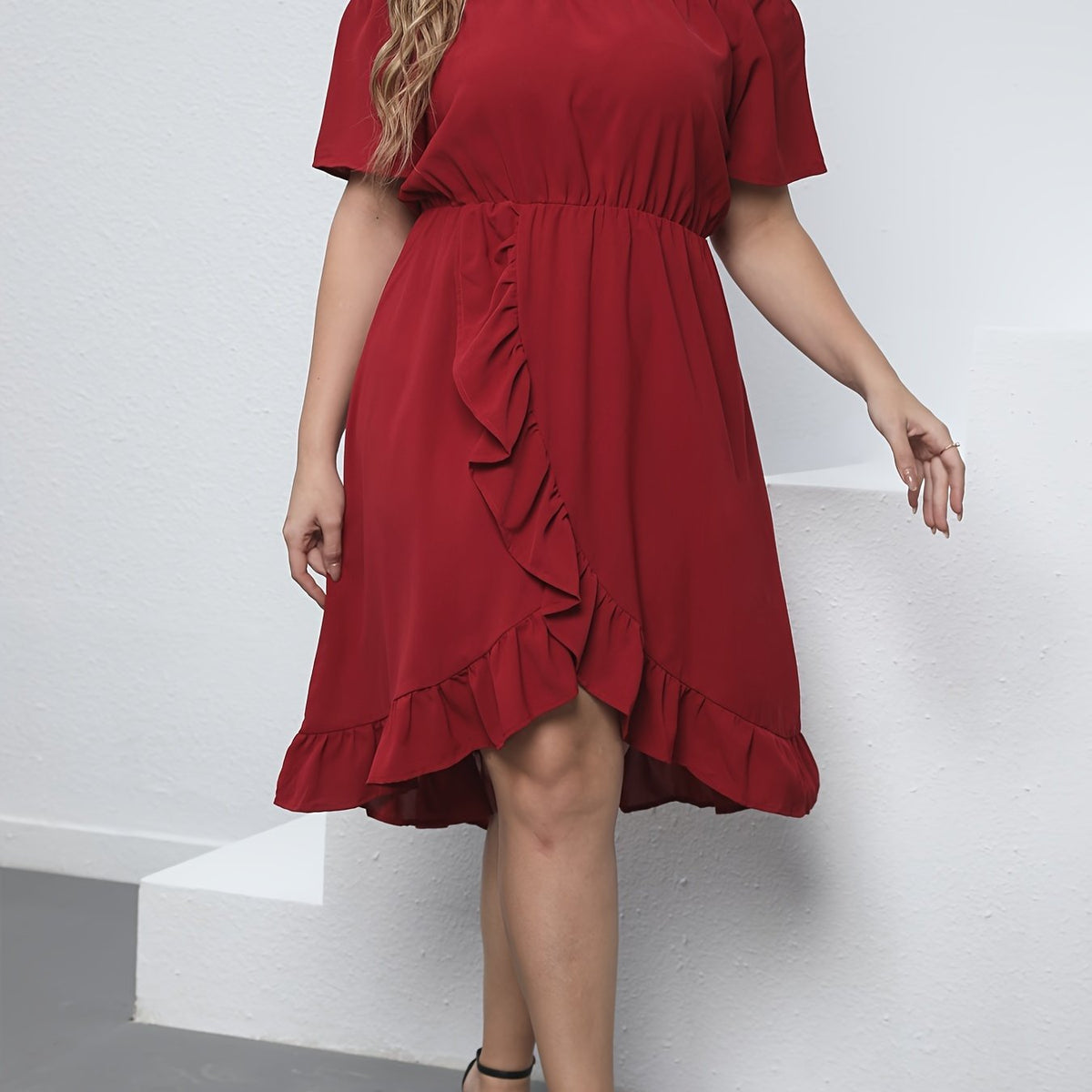 Off Shoulder Ruffle Trim Midi Dress Plus Size