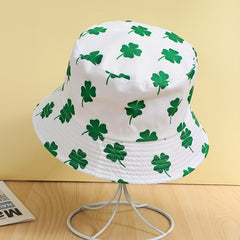 Lucky Clover Print Bucket Hat Green Sunscreen Fisherman Cap