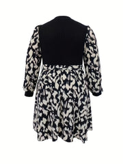 Women's Plus Leopard Print Lantern Sleeve Mock Neck Dress