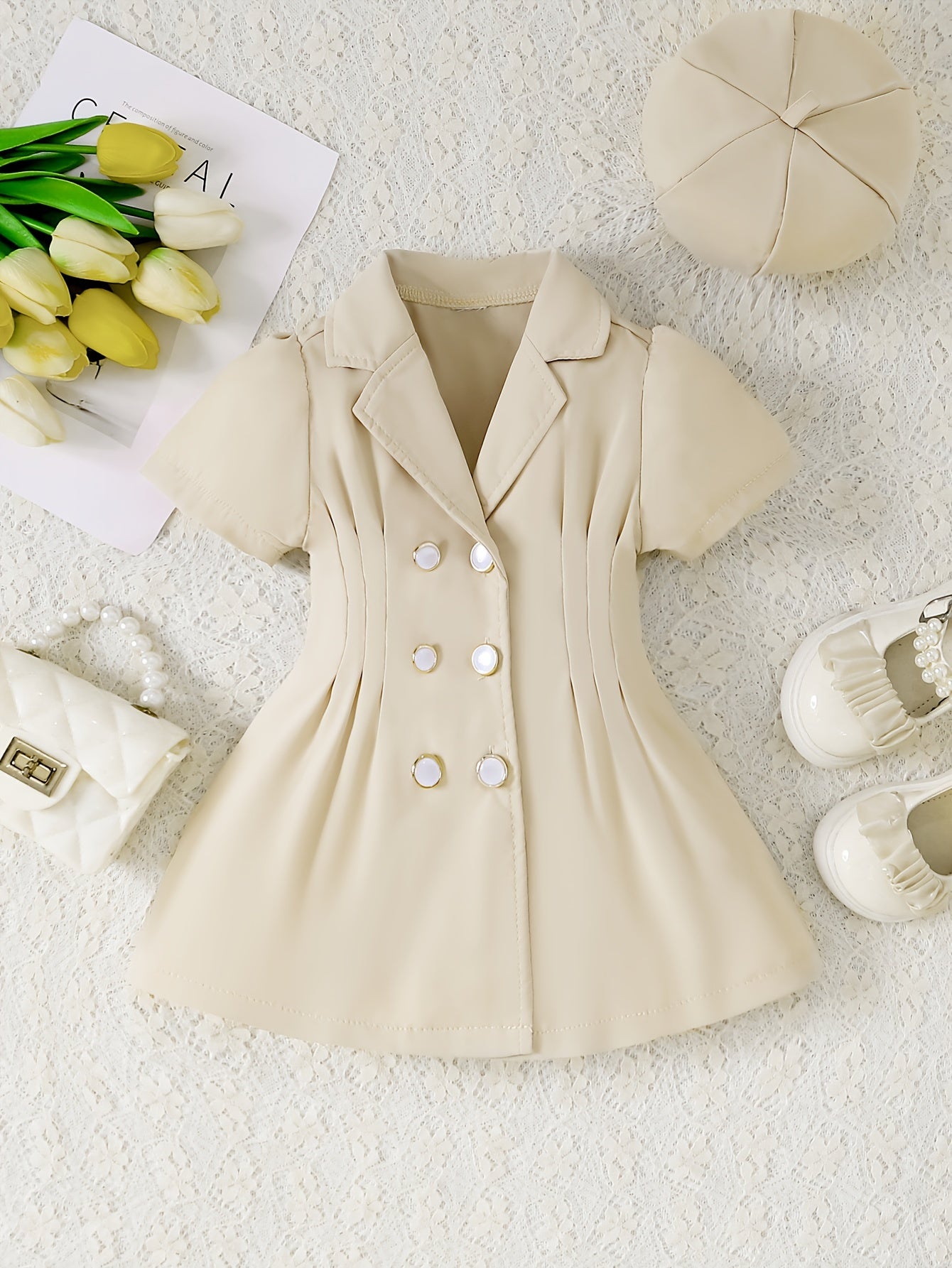 2pcs Baby Girls Short Sleeve Tunic Dress & Beret Set