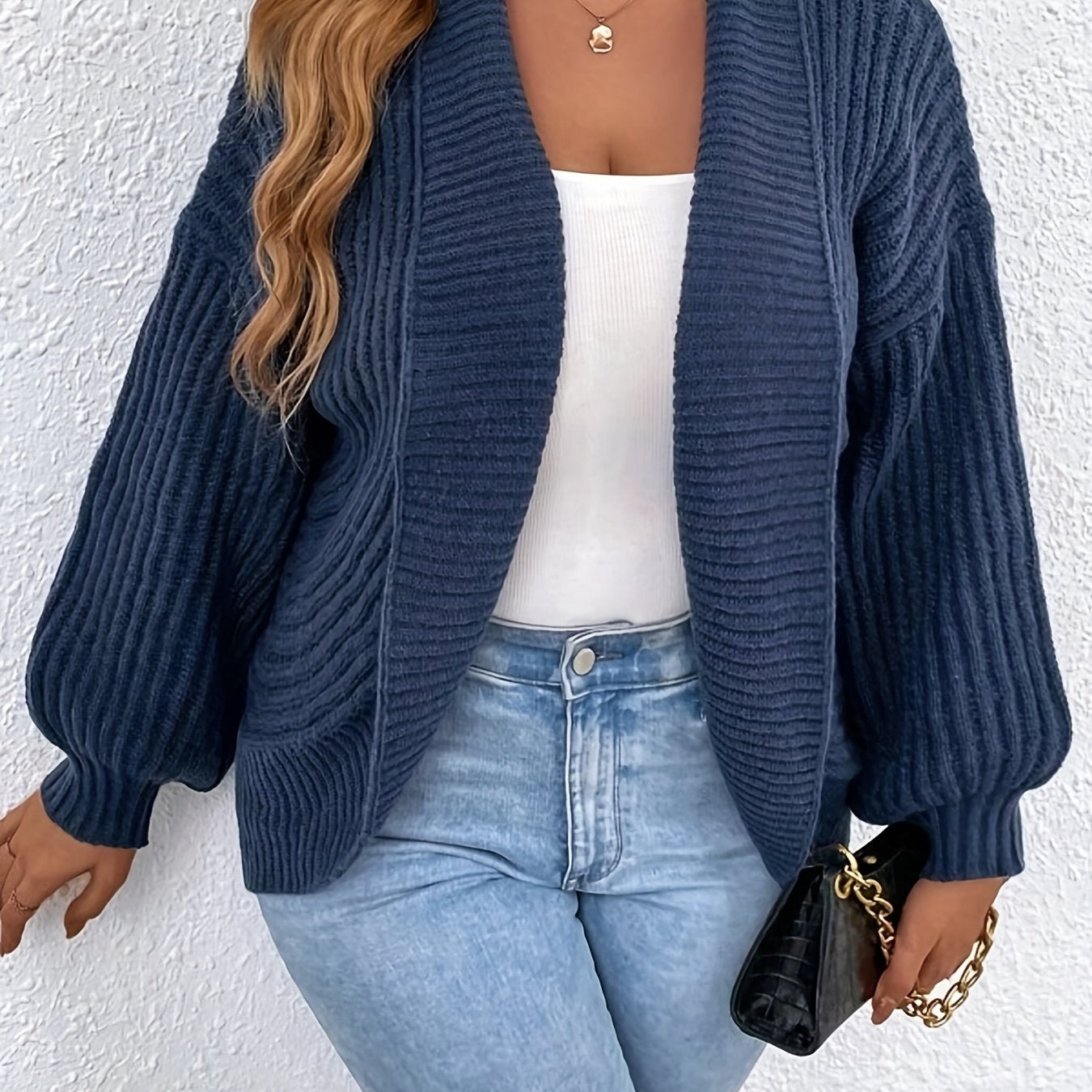  Solid Ribbed Lantern Sleeve Cardigan