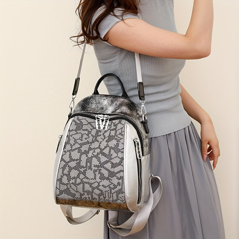 Snakeskin Pattern Backpack Purse Vintage Rhinestone Travel Schoolbag