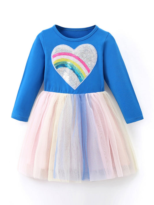 Heart Printed Rainbow Round Neck Party Toddler Dress