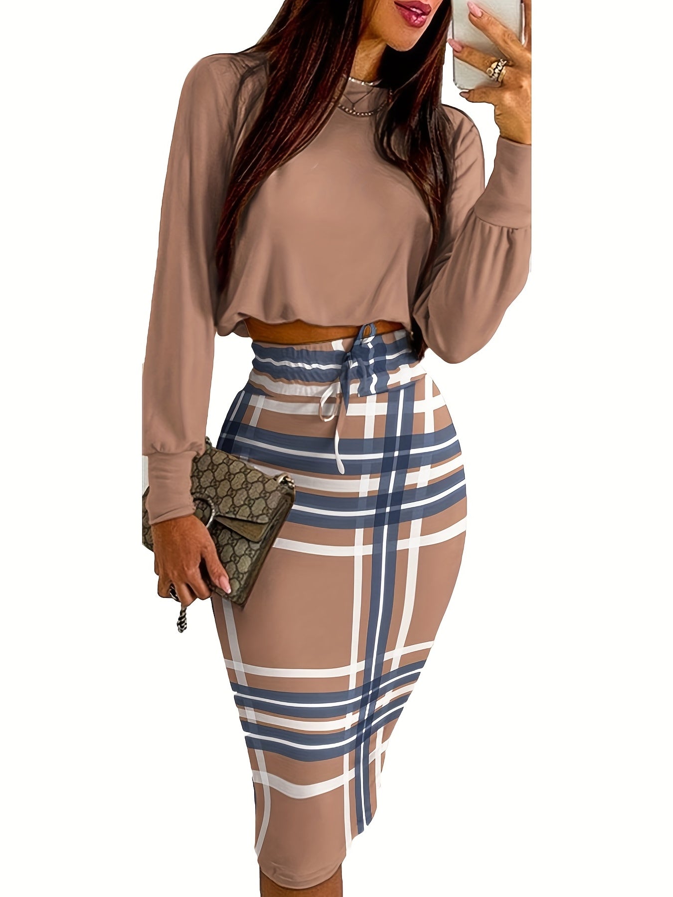 Casual Two-piece Set Solid Long Sleeve Tops & Plaid Print Split Skirts