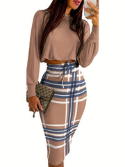 Casual Two-piece Set Solid Long Sleeve Tops & Plaid Print Split Skirts