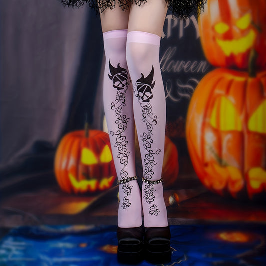 Skull Print Thigh High Socks Halloween Lace Over The Knee Stockings