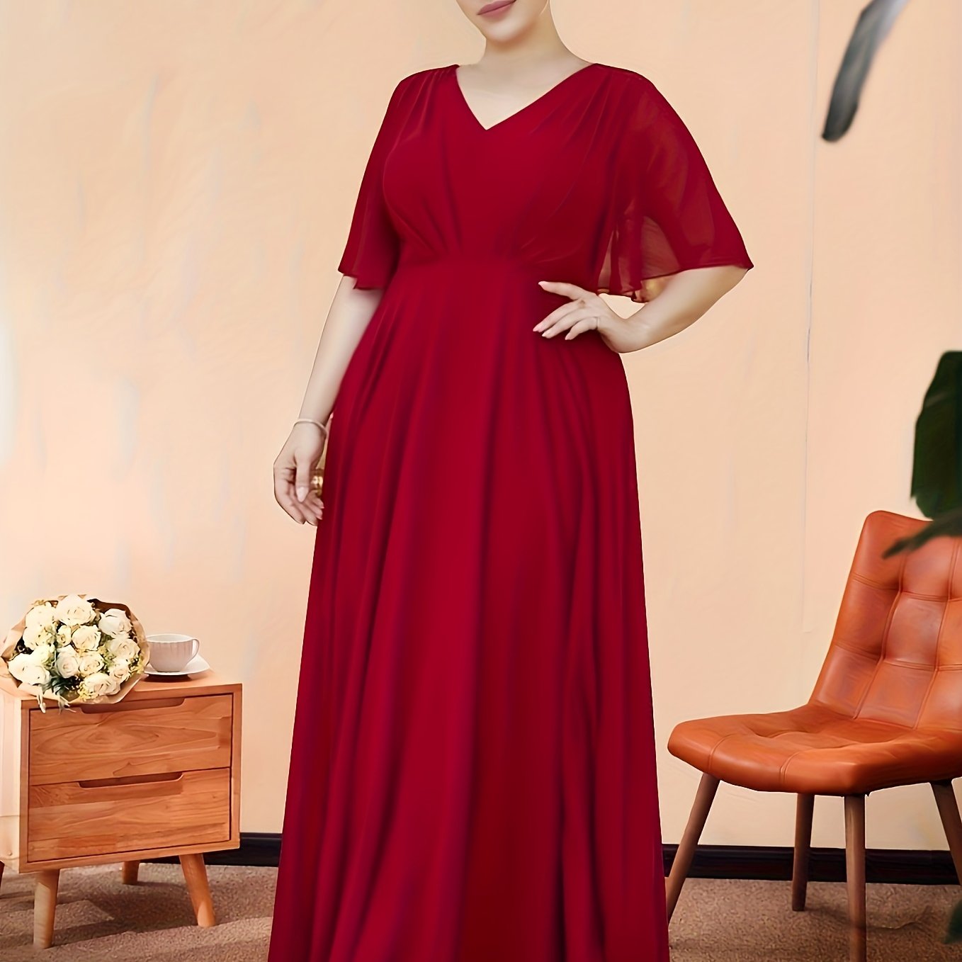  Bridesmaid Dress Solid Ruffle Sleeve V Neck Maxi Formal Party Dress