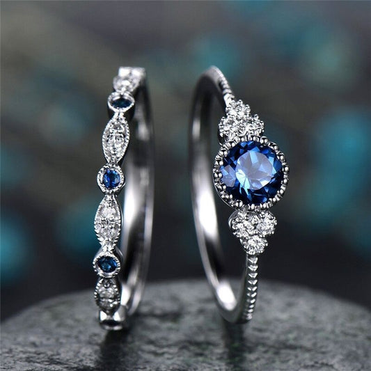 Round Cut Zircon Couple Rings 2 Pcs Set