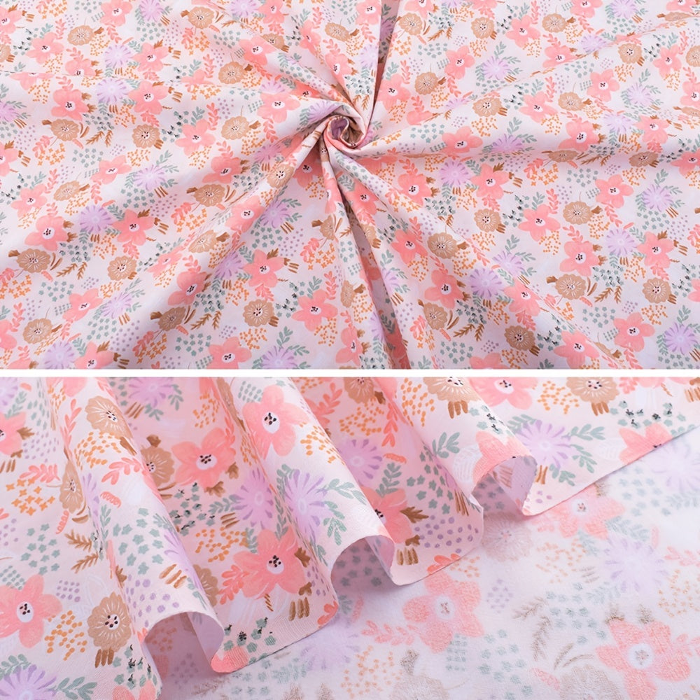 Pink Floral Cotton Twill Print Fabric DIY Patchwork 7 Pieces