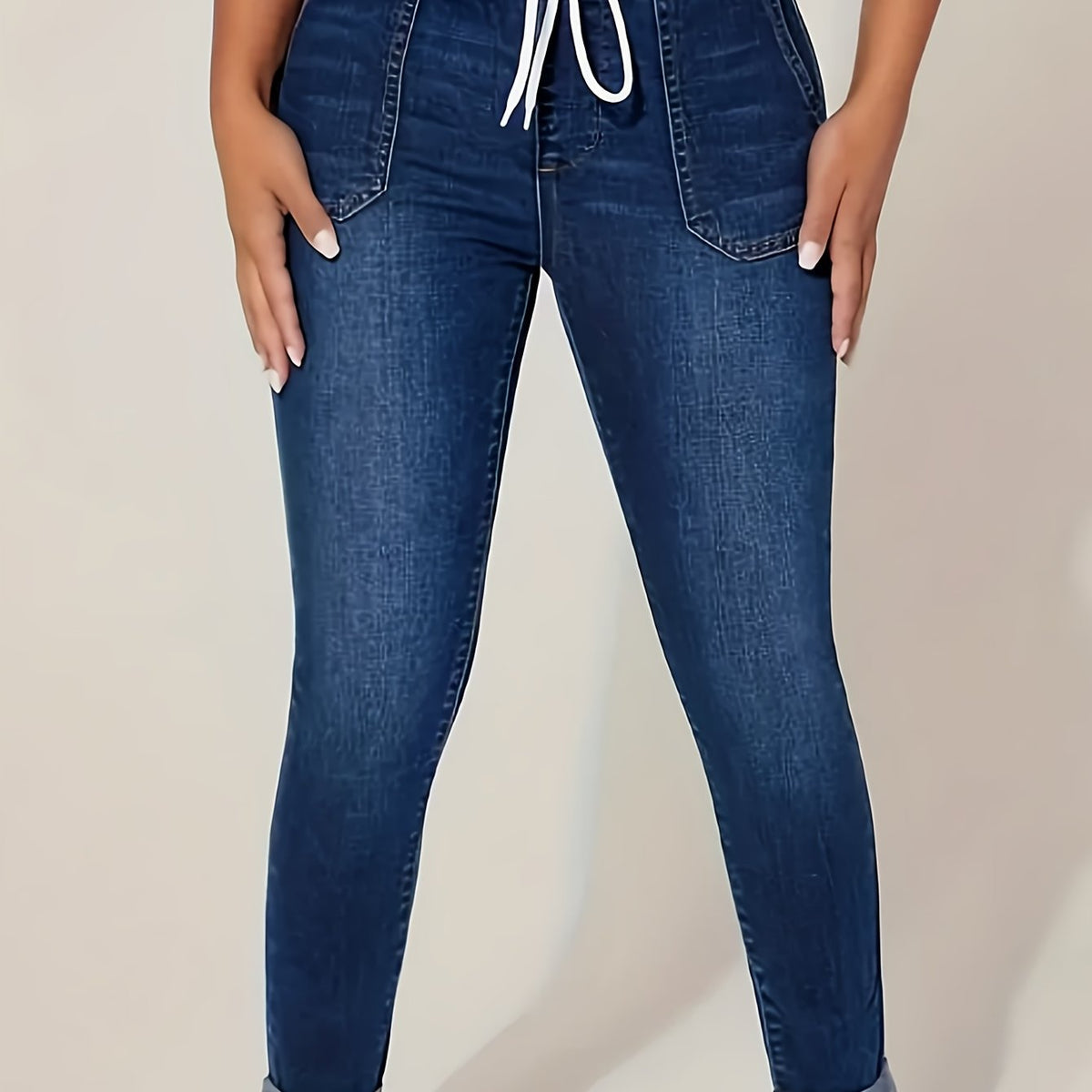  Solid Elastic High Rise Skinny Jeans
