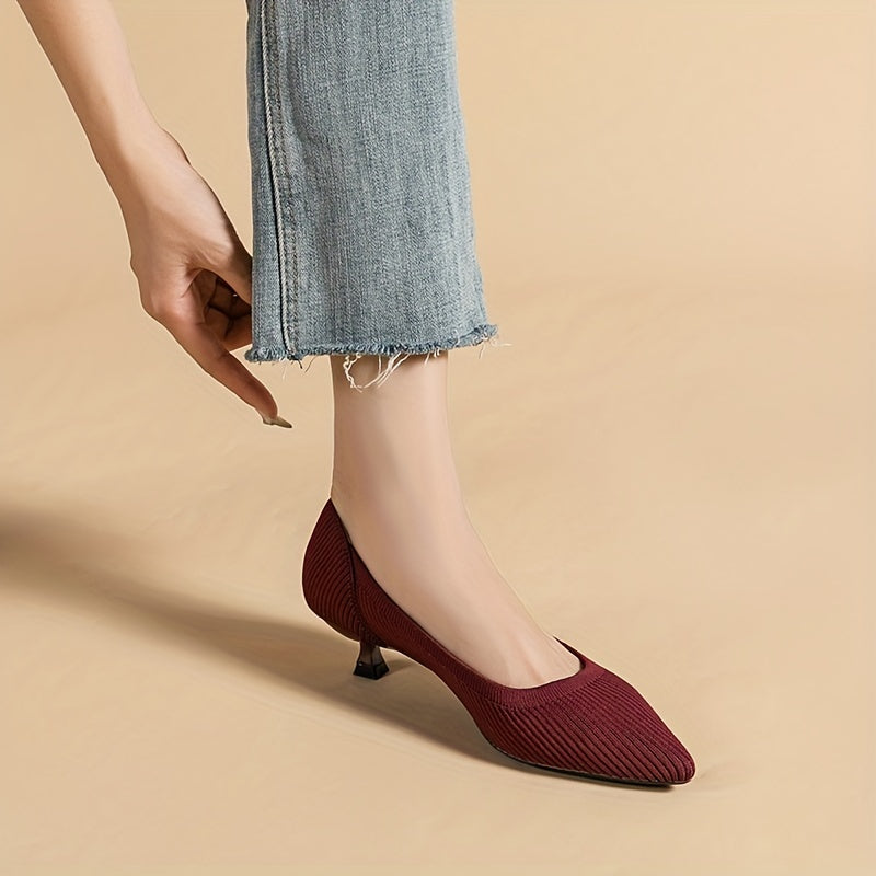 Women's Rib Knit High Heels Pointed Toe Kitten Heeled Solid High Heels