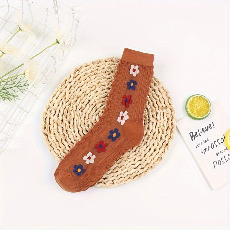 3 Pairs Floral Print Socks Comfy Mid Tube Women's Stockings