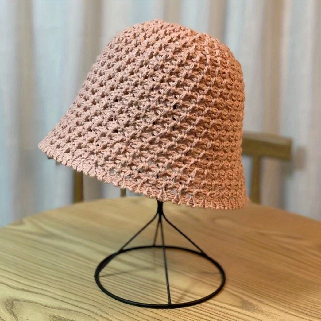 Solid Cloche Hat Hollow Crochet Bucket Hat for Spring & Summer