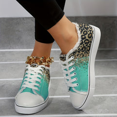 Leopard Print Canvas Shoes with Glitter Sequins Lace Up Lightweight Sneakers