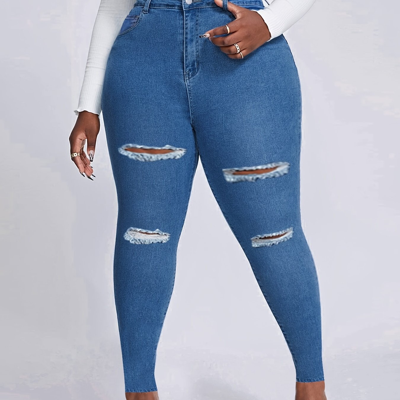  Casual Jeans Women's Plus Solid Ripped Button Fly Jeans