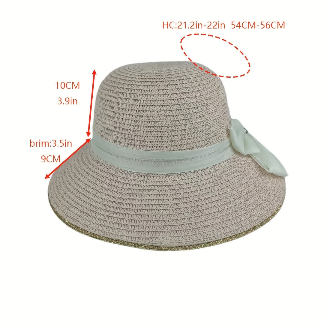 Golden Edge Straw Hat With Ribbon Sun Protection Vacation Hat