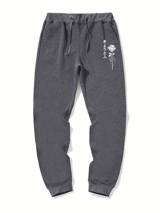 Rose & Kanji Print Men's Sweatpants with Pockets