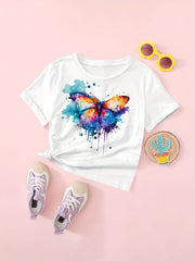 Tie Dye Butterfly Graphic Short Sleeve T shirt For Girls Summer