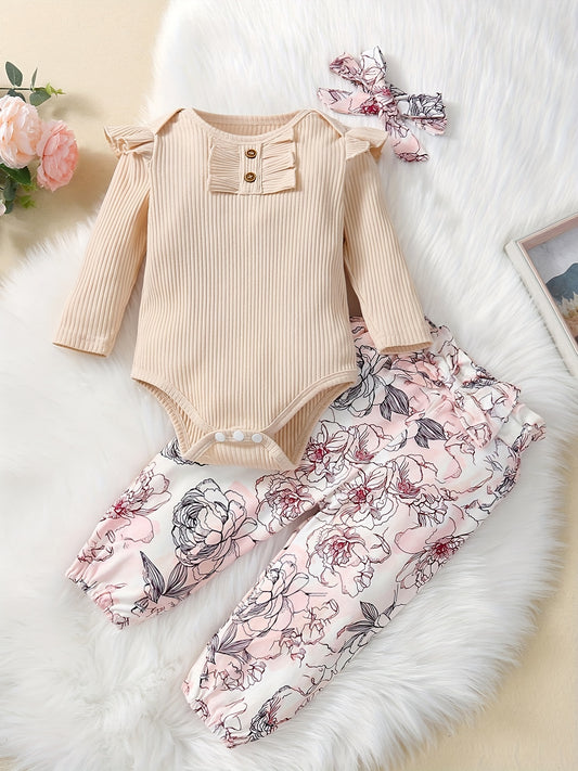 Baby Girls Cotton Outfit Flying Sleeve Romper & Flower Print Trousers Set