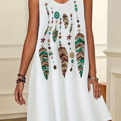  Casual Tank Dress Women's Plus Feather Print Round Neck Slight Stretch