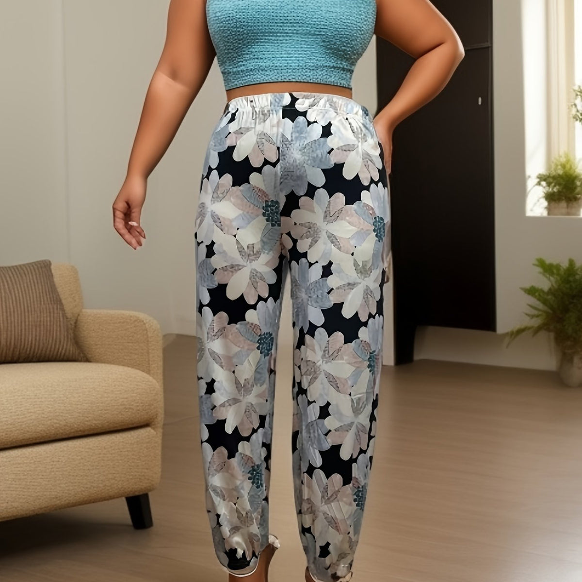  Boho Floral Print High Rise Stretch Tapered Leg Pants
