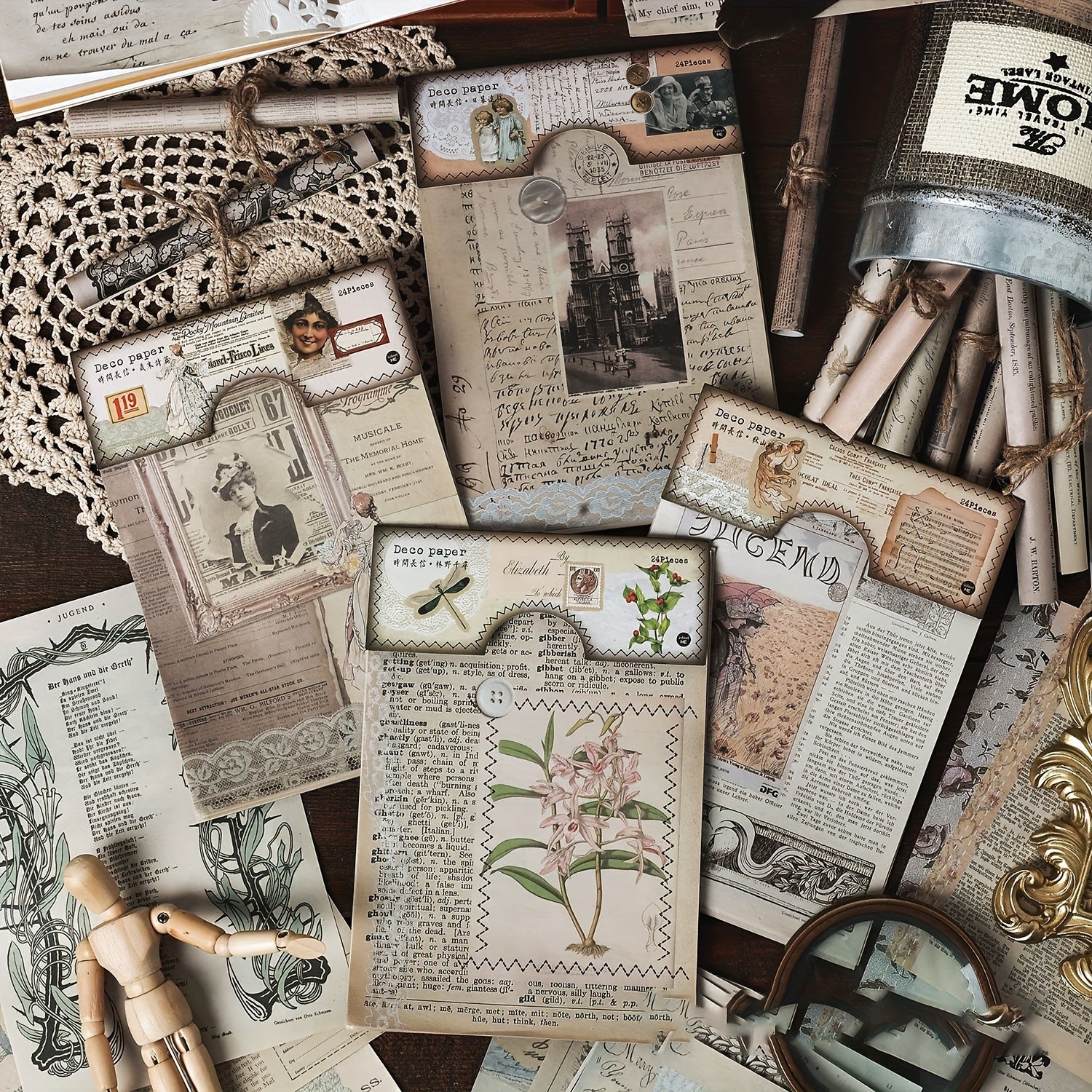 24 Sheets Vintage Diary Stickers Collage Materials Pack - 4 Styles
