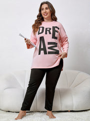  Lounge Set Women's Plus Letter Print Long Sleeve Tee & Pants