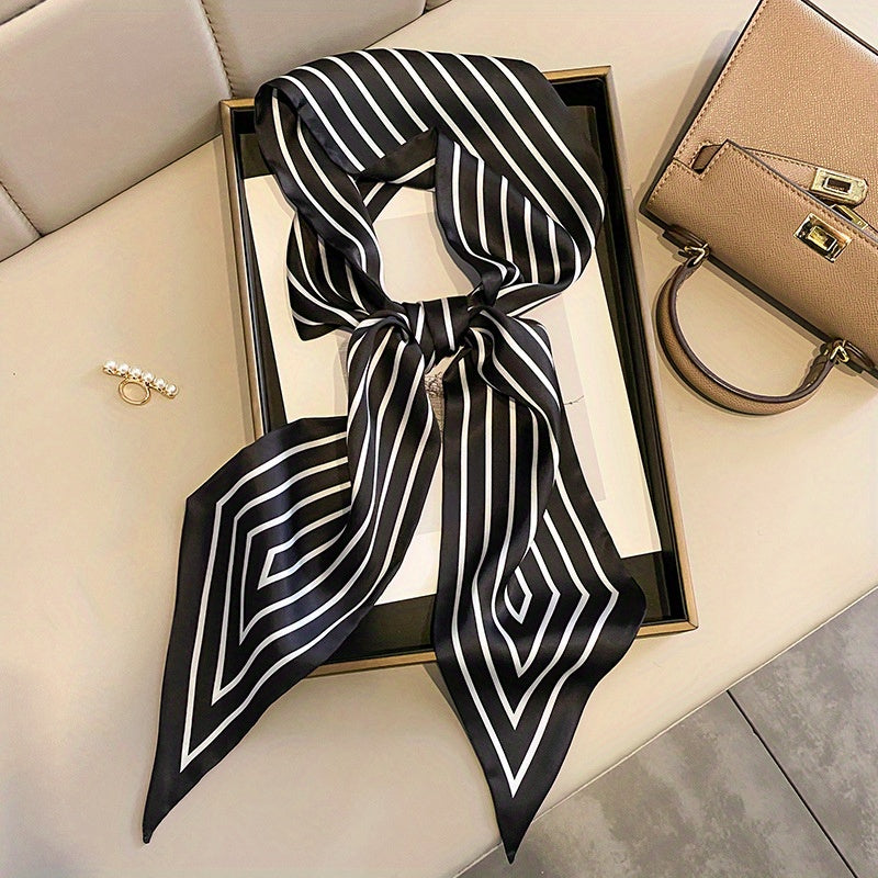 Stripe Print Skinny Scarf Satin Neck Tie Scarf Decorative Handle Bag
