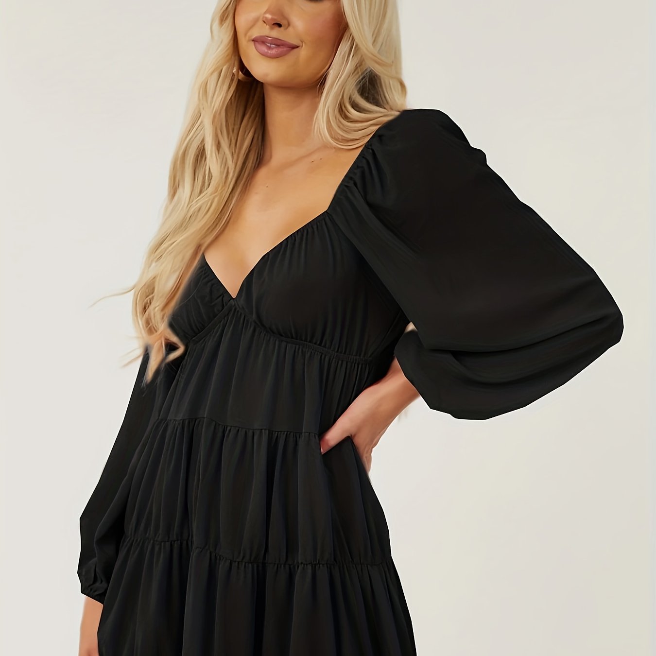  Lantern Sleeve Deep V Neck Maxi Dress