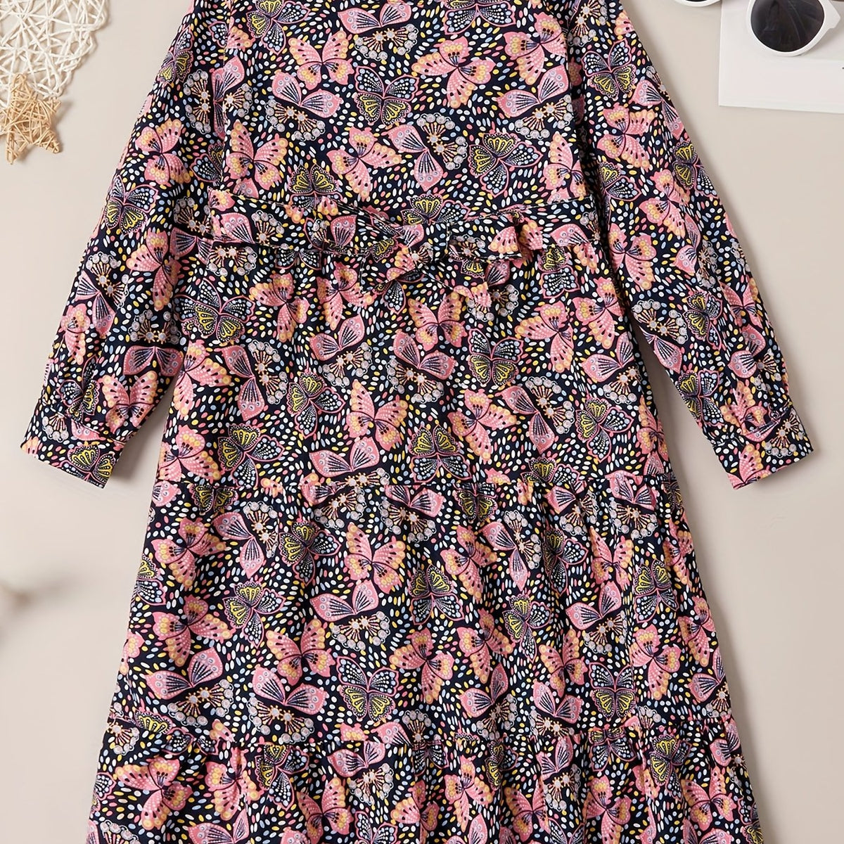 Girl's Butterfly Allover Graphic Long Sleeve Dress For Party