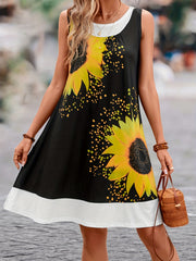  Colorblock Sunflower Print Tank Dress