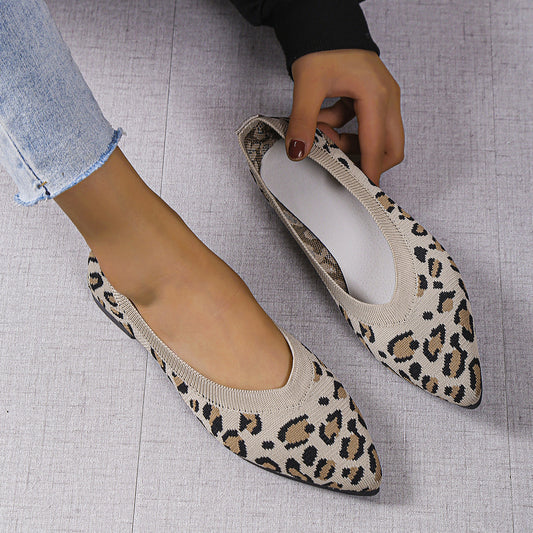 Leopard Pattern Knit Flat Shoes Pointed Toe Slip On Ballet Shoes