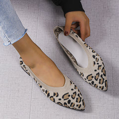 Leopard Pattern Knit Flat Shoes Pointed Toe Slip On Ballet Shoes