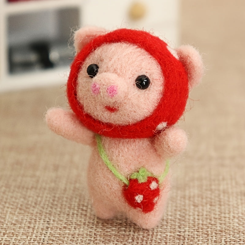 Wool Felting DIY Kit Pig With Red Strawberry Hat And Bag