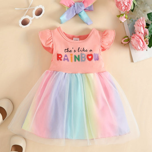 2pcs Baby Girls Rainbow Mesh Dress & Headband Set