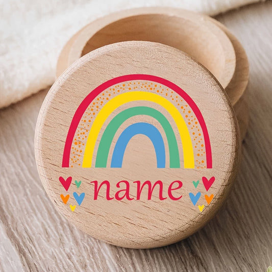Personalized Rainbow Wooden Tooth Keepsake Box Engraved Name Colorful