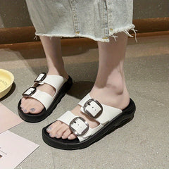 Women's Double Buckle Strap Slide Sandals Casual Flat Beach Slides