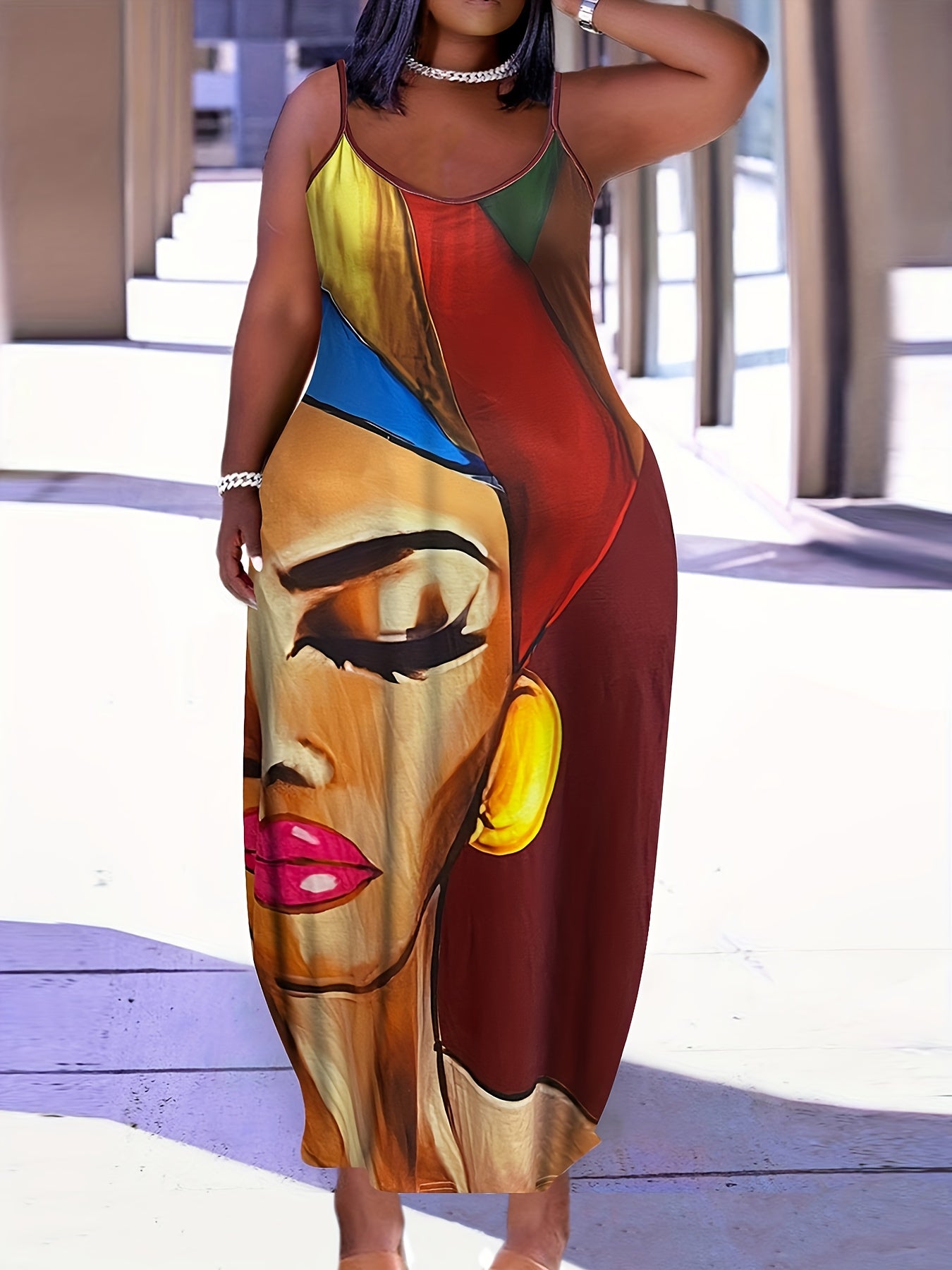  Colorblock Figure Print Maxi Cami Dress