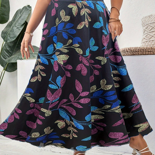  Leaf Print Elastic Waist Maxi Skirt