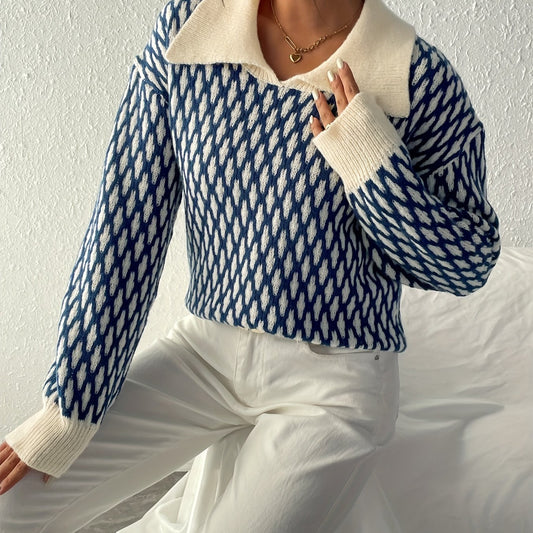 Allover Pattern Flat Collar Pullover Sweater Women's Clothing