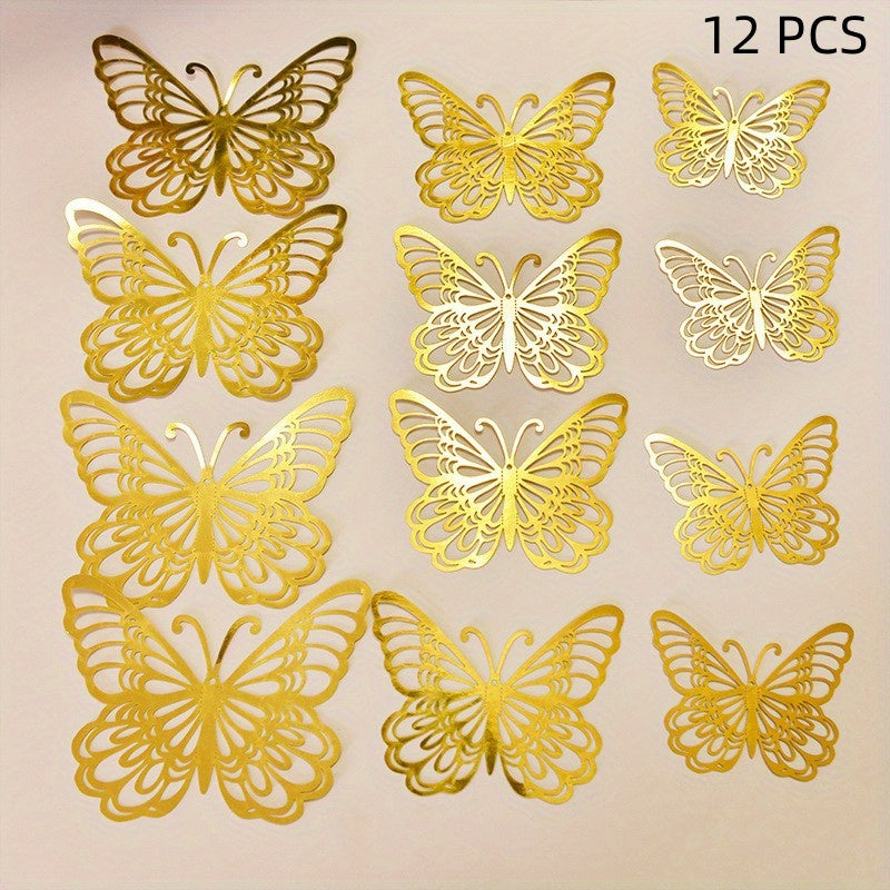 12pcs 3 Sizes 3D Butterfly Wall Decor Golden Decorations For Birthday Party Cake