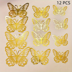 12pcs 3 Sizes 3D Butterfly Wall Decor Golden Decorations For Birthday Party Cake