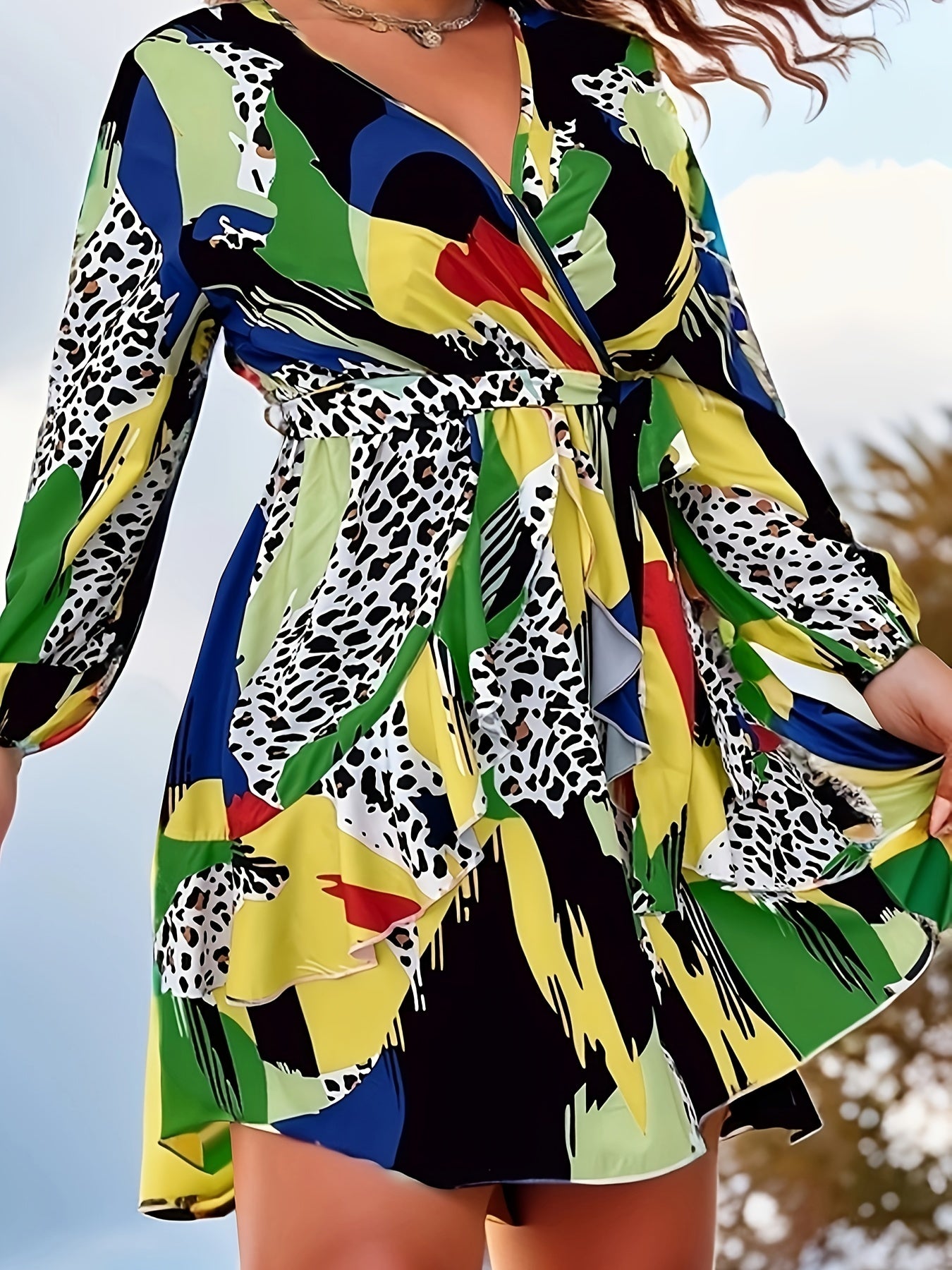  Colorblock Leopard Print Ruffle Long Sleeve Dress
