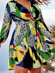  Colorblock Leopard Print Ruffle Long Sleeve Dress