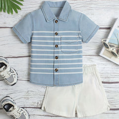 Boys Striped Denim Lapel Shirt Short Sleeve Button Down Tee