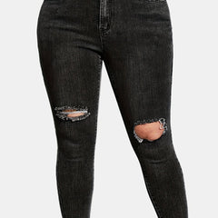  Solid Button Fly Ripped High Rise Skinny Jeans