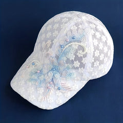 Flower Embroidery Mesh Trucker Hat Faux Pearl Decor Lace Baseball Cap